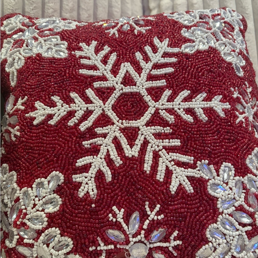Two Festive Holiday beaded Pillows Snowflake and Tree Designs - Picture 10 of 11